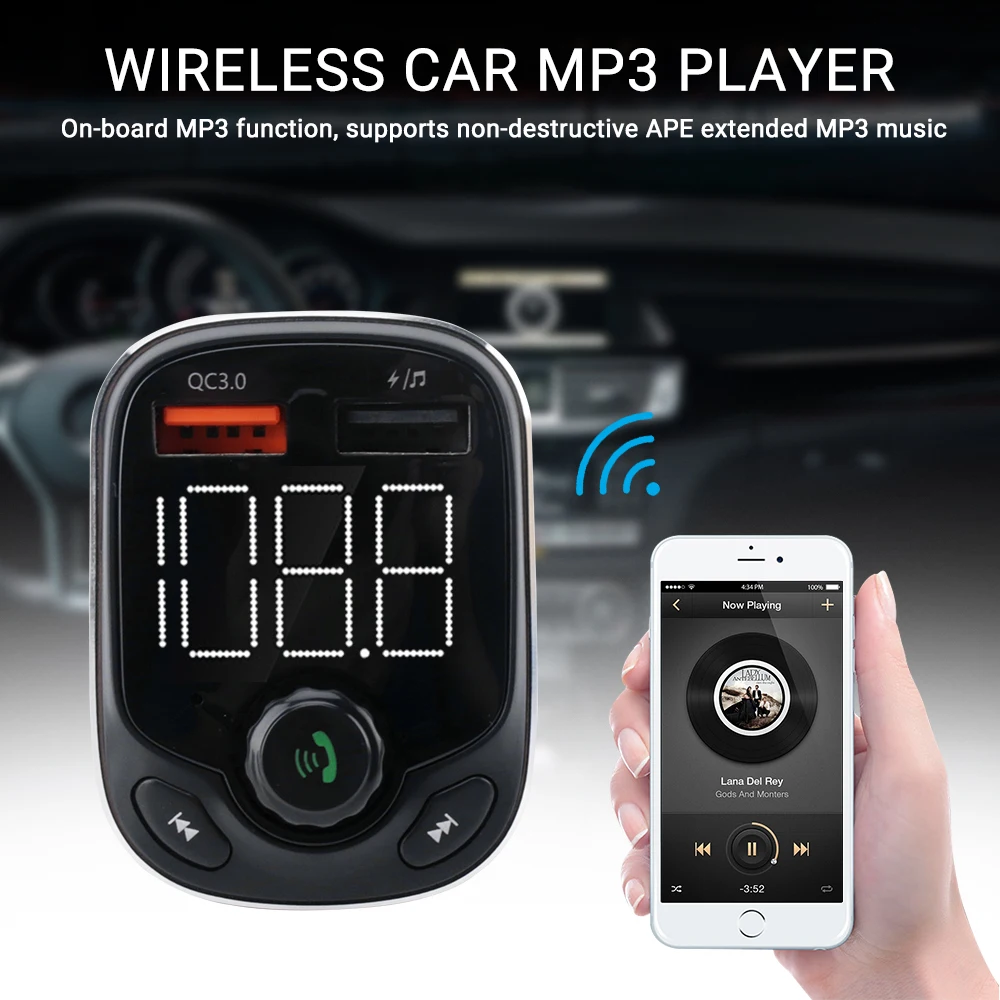 BORUiT FM передатчик Bluetooth автомобильный комплект MP3-плеер светодиодный двойной USB QC3.0 быстрое автомобильное зарядное устройство громкой связи напряжение дисплея экран