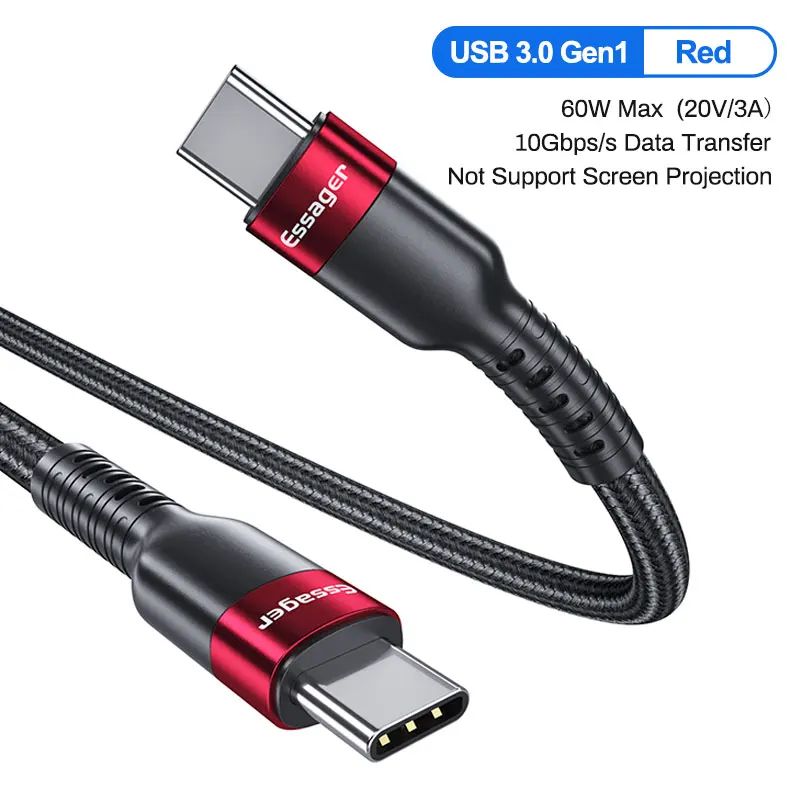 Кабель Essager type-C-USB C USB 3,1 Quick Charge 4,0 3,0 кабель для Macbook Pro Xiaomi Redmi Note 8 PD 100 Вт Кабель для быстрой зарядки - Цвет: Red Gen 1 60W