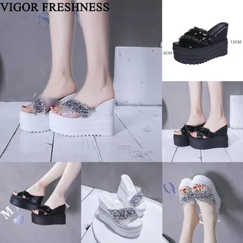 

VIGOR FRESHNESS Summer Sandals Bling Women Shoes Slip On Stone Sandals 13CM Heels Woman Platform Shoes Party Ladies Shoes WY601
