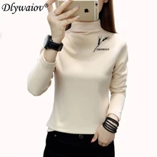 

Korean Embroidered wheat Tees high neck women's t-shirt thick tshirt ladies all-match tshirts Tops Autumn Winter Solid clothes