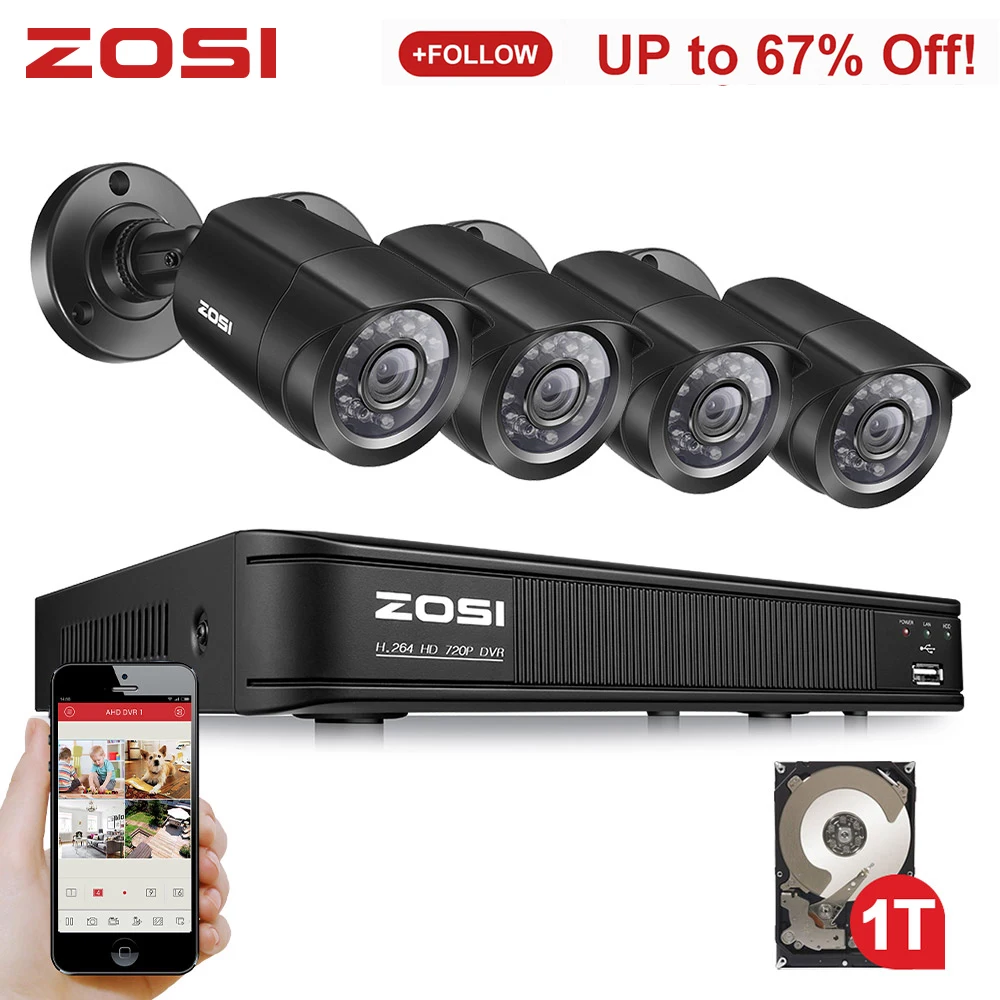  ZOSI 8 canales 720P 1280TVL IR CMOS Sensor de movimiento negro visión nocturna Video cámara CCTV si