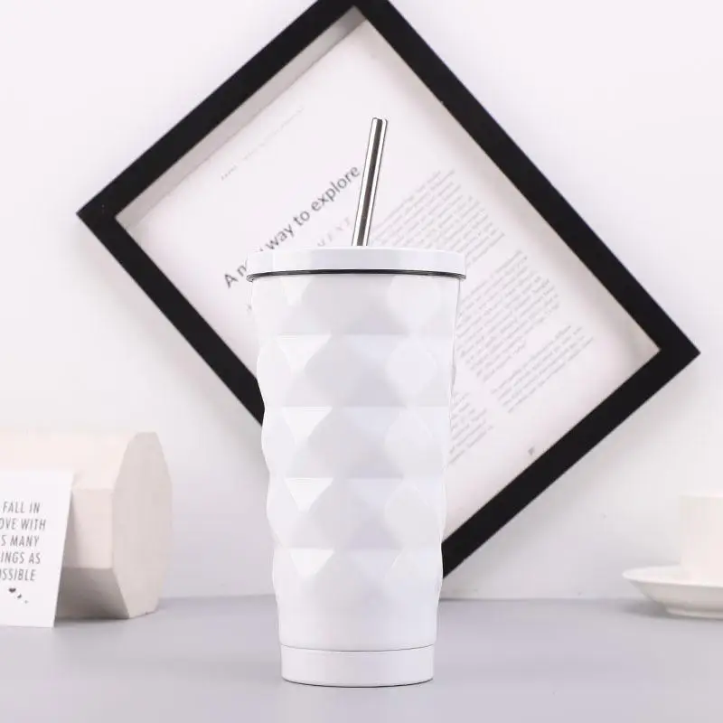 New Design Irregular Texture Fade Color Coffee Mug Thermos Tumbler Water Cup Garrafa Termica With Straw With Cap Bottle - Цвет: White