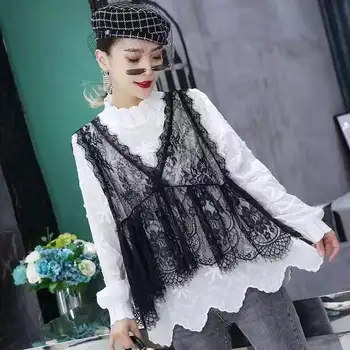 

2 Pcs Women Blouses Spring New Floral Embroidery Long Sleeved Stand Neck Blouses And Lace Vest Elegant Nice Shirts Blouses NS747