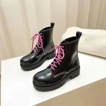 

2020 Women Genuine Leather Martins Boots Platform Thick Sole Ankle Boots Chunky Motorcycle Boots Designer Casual Stripper Shoes