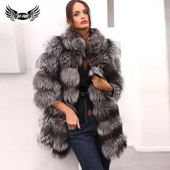 

2019 Fashion Winter Women Real Sliver Fox Fur Jacket Stand Collar Thick Warm Genuine Fox Fur Coat Luxury Overcoat Long Female