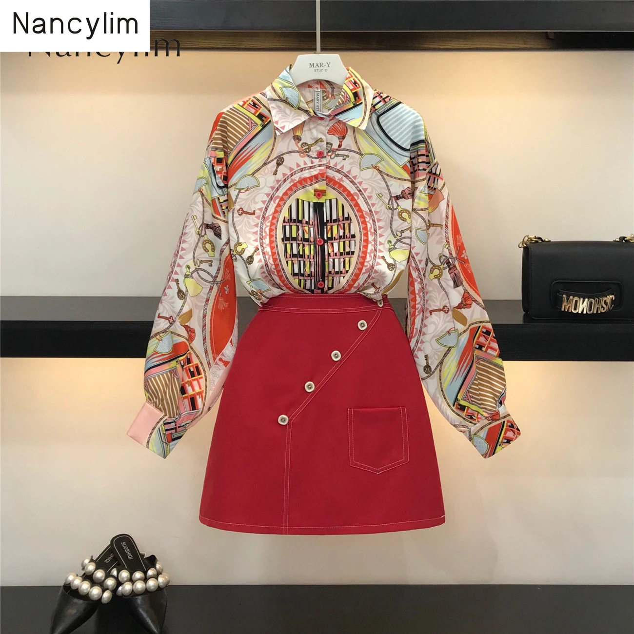 

2019 Autumn Women Sets New Female Long Sleeve Printed Shirt with High Waist Casual Skirt Two-piece Suit Lady Office Wear