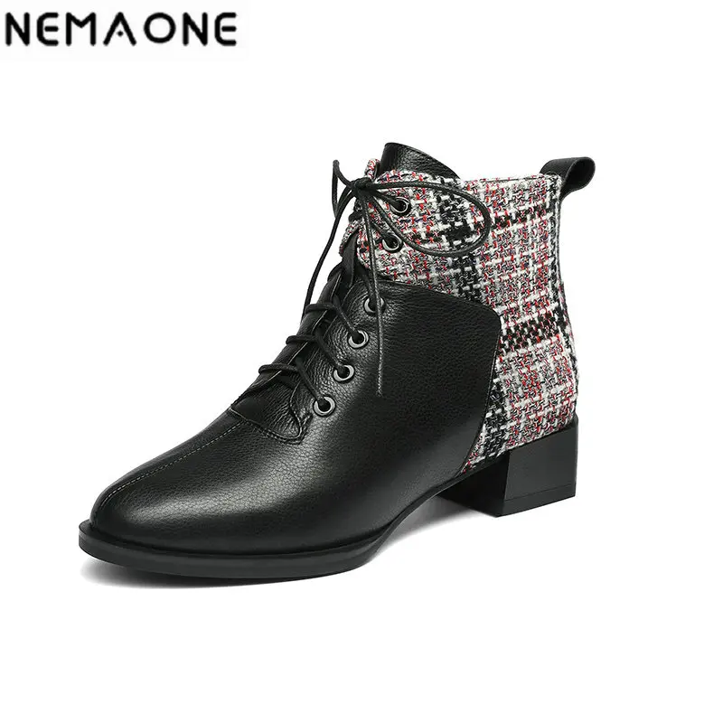 

NEMAONE Autumn Winter Mixed Colors genuine Leather Women Ankle Boots Classic Round Toe Low Heels Western Boots Party Shoes