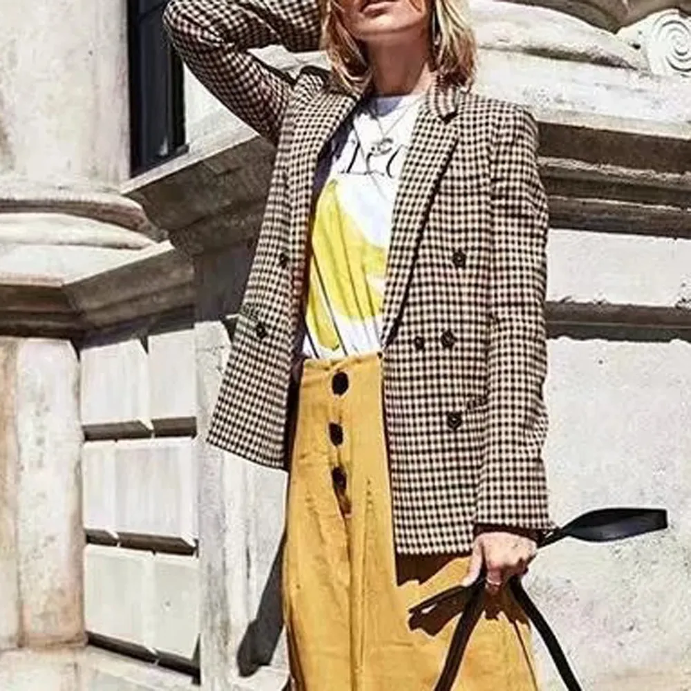 

2019 Plaid Jacket Suit Collar Coat Fashion Women Coat Retro Button Lattice Shoulder Pads Suit Coats Blouse jaqueta feminina 2-5