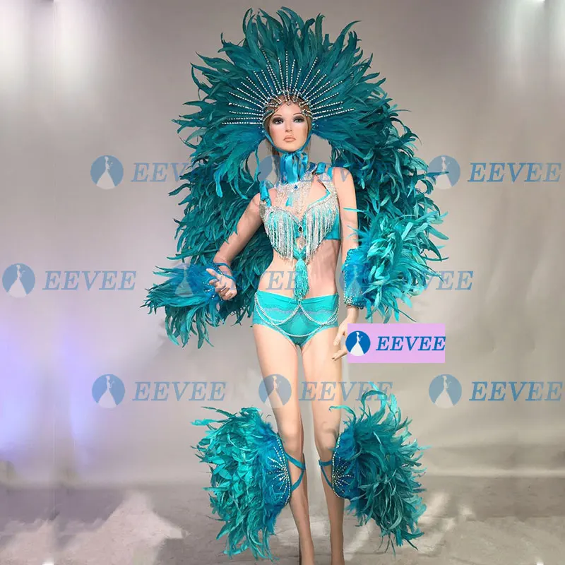 Синий Red Feather Opening Dance Costume Set GOGO Dance outfitTeam Passion Samba Stage Performance Costume - Цвет: Синий