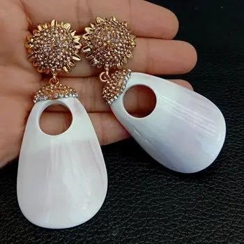 

29x44MM natural Queen Conch heart-shape dangle Cz micro pave yellow gold color plated Stud Earrings