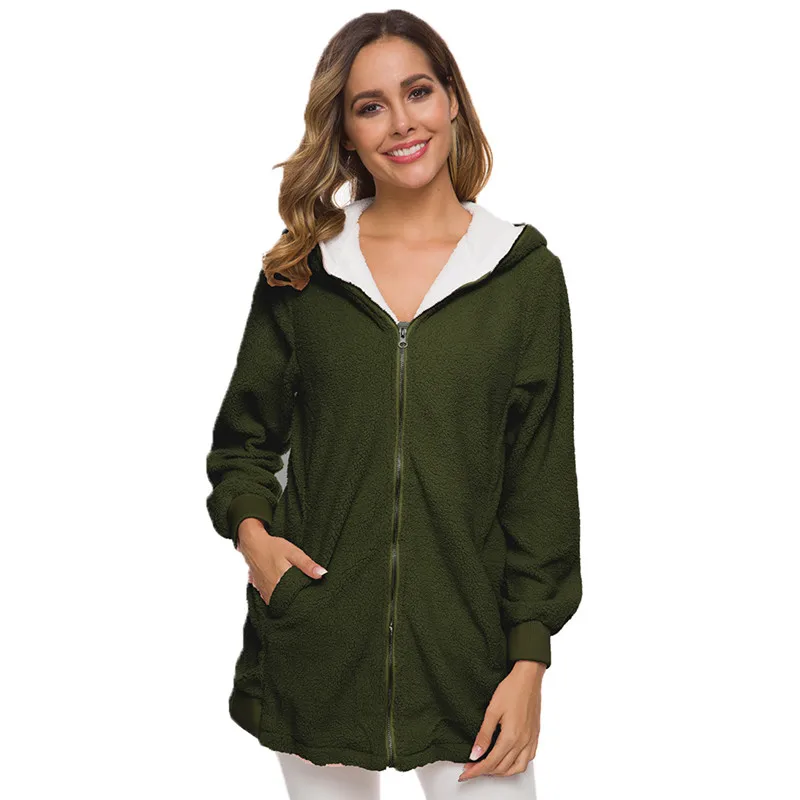 Зимняя женская куртка, модная теплая меховая флисовая длинная куртка с капюшоном, Повседневная Осенняя Женская куртка, верхняя одежда, жилеты femme, большие размеры 5XL - Цвет: Армейский зеленый