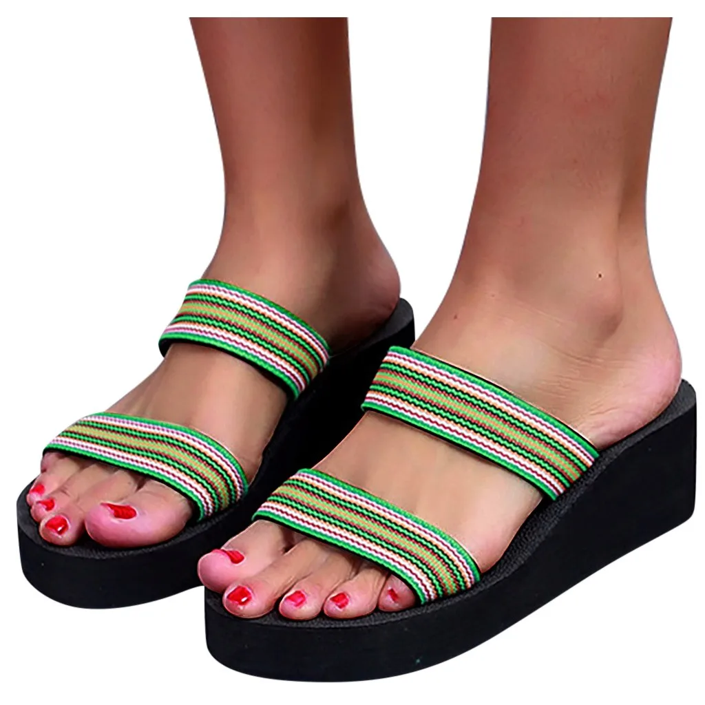 

Striped Wedges Shoes Platform Fashion Sandals Indoor Outdoor Shoe For Women Slip-on Open Toe Wedges Warm Summer Slipper Shoes