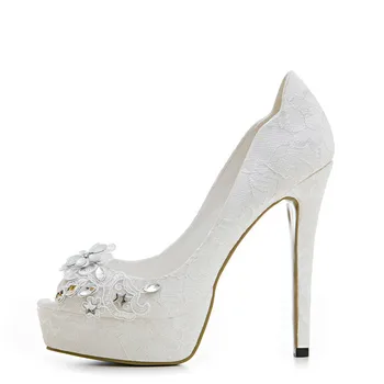 

YECHNE Vrouw Peep Toe Hoge Hakken Schoenen Plus Size 33-43 Party Crystal Witte Bruiloft Pompen Borduur Sexy Pompen 2018