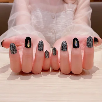 

24Pcs/boxed Black Diamond Mid-Length artificial nails Detachable Wearable Full Cover Fake Fingernails with Glue for girls DIY