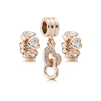 

NEW CPPO 100% 925 Sterling Silver Rose Interlocked Hearts Charm Pack Bead fit charms original Bracelets jewelry A Set