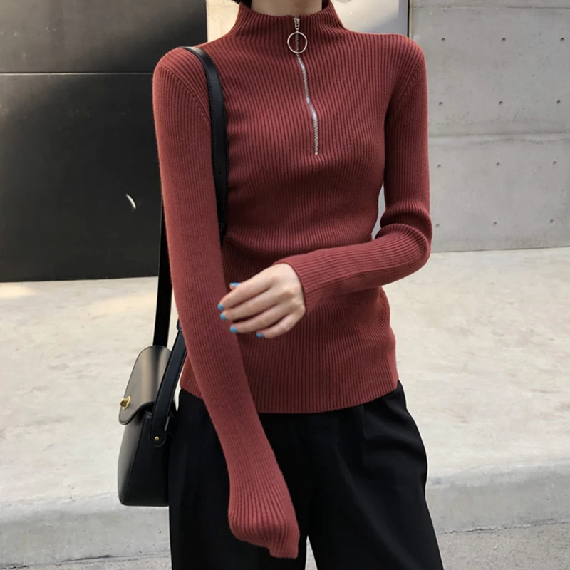 

Zipper Half Turtleneck Sweater Women Solid Slim Autumn Winter Clothes 2020 Basic Fashion Pullovers Sueter Mujer