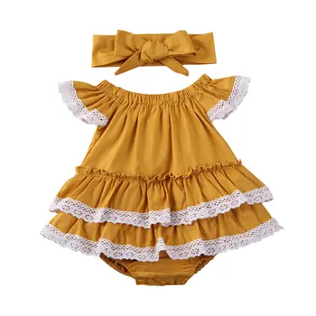 

2020 Infant Baby Girl yellow lace Ruffles Romper sleeveless Jumpsuit Tutu Skirt Sunsuit Clothes Sets girls summer playsuit