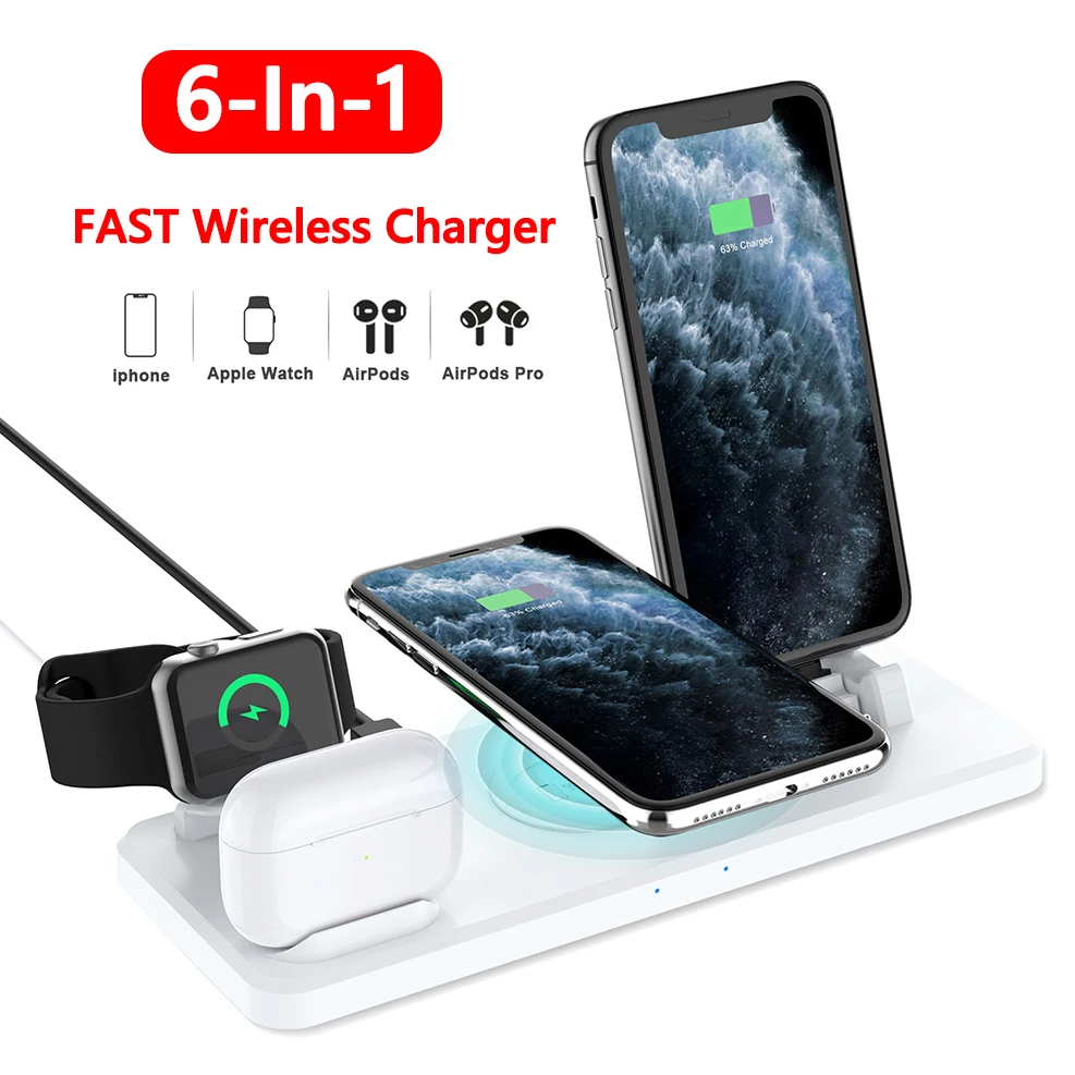 Беспроводная Зарядная Станция 6 в 1 для iPhone 11XR 11Pro XS Max 8 AirPods Pro Apple Watch 5 4 3 быстрая Qi