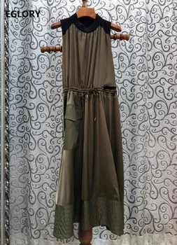 

Top Quality New 2020 Summer Dress Women O-Neck Color Block Patchwork Drawstring Waist Sleeveless Mid-Calf Army Green Blue Dress