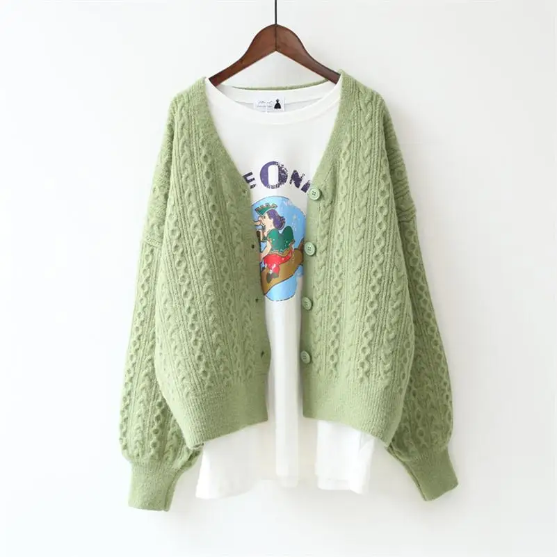 LM19087 Green H. SA трикотажные кардиганы для женщин, открытый шов, на пуговицах, скрученный осенний свитер, куртка, пальто, мягкий теплый свитер, кардиганы и вязаные джемперы - Цвет: LM19087 Green