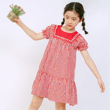 

Summer 2020 New 100% Cotton Teenager Kids Girls Dress Fashion Red Teeen Girl Dresses Striped Patchwork Baby Clothes Dress Cute