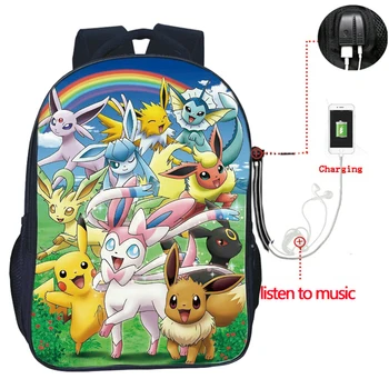 

Top Quality Pokemon Eevee USB Charge Rucksack Pikachu Students School Bags USB Charging Double Pocket School Bag Gengar Backpack