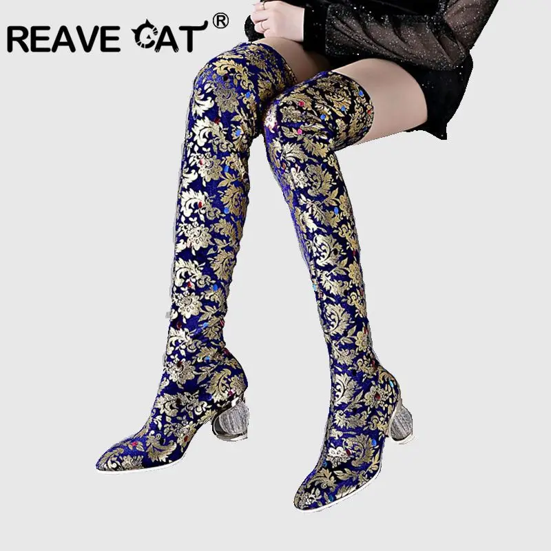 REAVE CAT/ г. Новые растягивающиеся Сапоги выше колена обувь на высоком квадратном каблуке высокие сапоги до бедра женские вечерние рабочие туфли пикантные синие