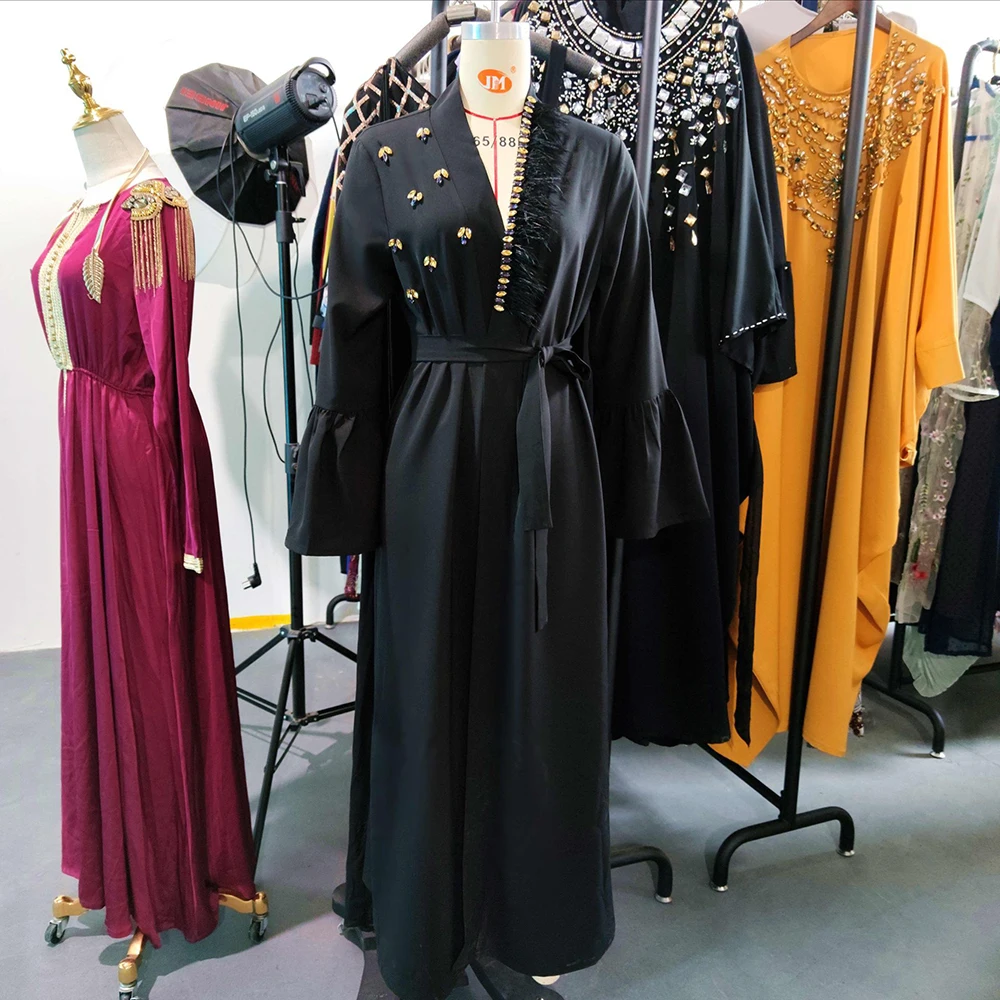 Женское кимоно кардиган с черными бриллиантами Abaya хиджаб мусульманское платье