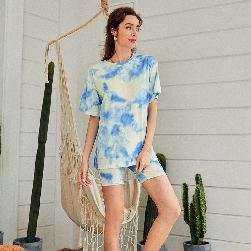 Simplee Casual outfits womens two piece suits Tie dye printing backsuits T-shirt suit Sports style bicycles shorts set 2020 NEW