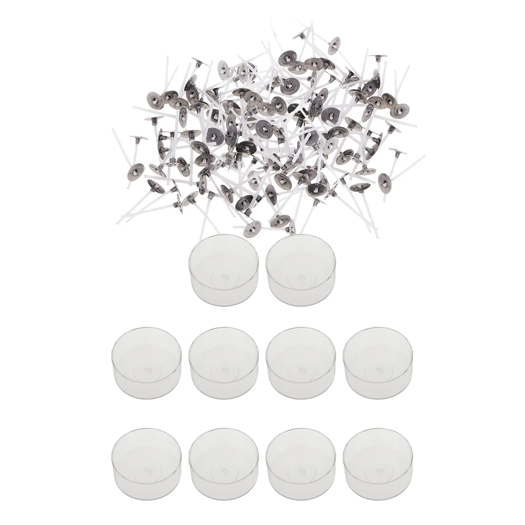 200x Pre-waxed Pre-tabbed Cotton Candle Wicks and 10 Pieces Plastic Clear Round Shape Tealight Cup Empty Case Candle Making Mold