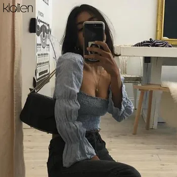 

KLALIEN Flare long Sleeve Striped backless Square Collar or Slash neck slim blue crop tops 2019 fashion elegant women streetwear