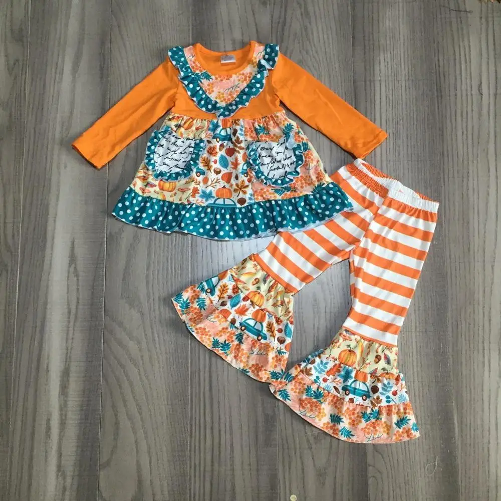 Осенне-зимняя одежда для маленьких девочек платье с цветочным рисунком для девочек, брюки-клеш, эксклюзивная одежда для маленьких детей - Цвет: Оранжевый