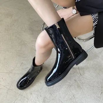 

Rock Shoes Woman Women's Mid Calf Boots Leather Booties Round Toe Boots-women Luxury Designer Zipper Flat Heel Low