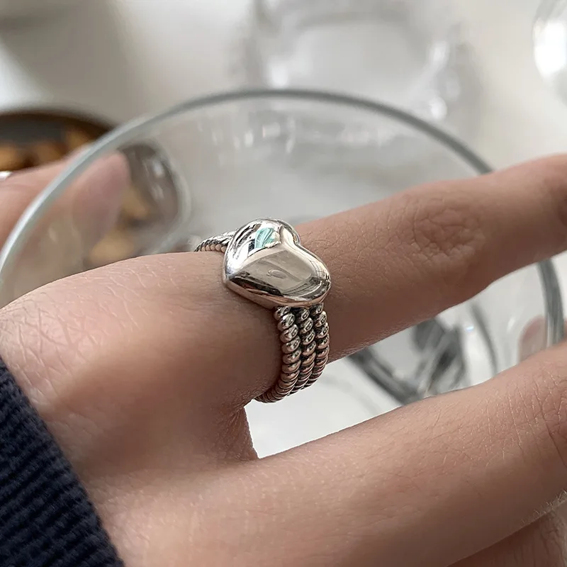 Silberner Herzring Für Damen, Retro Ring Mit Geometrischen Formen_voghion.com