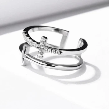 

925 Sterling Silver cross ring simple double-layer open Adjustable Finger Rings for Women Ring Jewelry Wedding Gift free ship