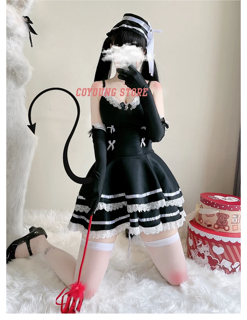 

2021 Black Sexy Gothic Dark Cat Women's Dress Lolita Maid Uniform Seductive Spice Girl Cosplay Dress Suspender Skirt Hat Gloves