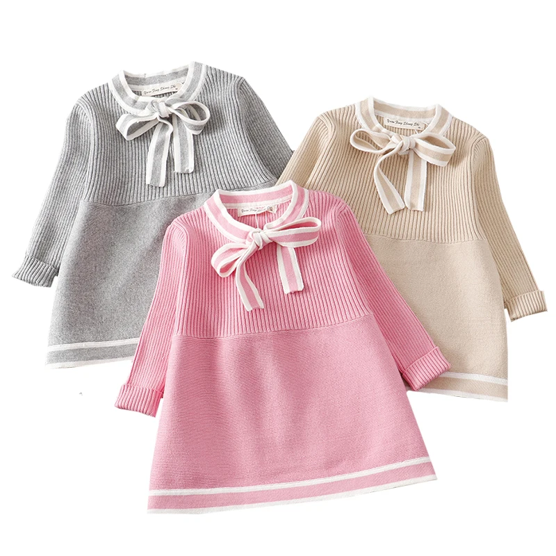 От 1 до 5 лет трикотажное платье для девочек; коллекция года; сезон осень-зима; одежда с бантом для маленьких детей; платье для маленьких девочек; хлопковые теплые рождественские платья принцессы