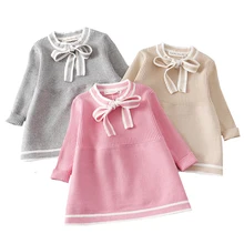 От 1 до 5 лет трикотажное платье для девочек; коллекция года; сезон осень-зима; одежда с бантом для маленьких детей; платье для маленьких девочек; хлопковые теплые рождественские платья принцессы