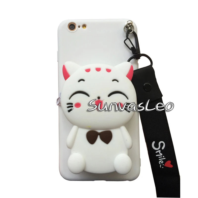 White Lucky Cat Для iPhone 11/11 Pro/11 Pro Max 3D кошелек милый мультфильм животных Мягкий силиконовый чехол-кошелек с ремешком цепь сумка кабель - Цвет: White Lucky Cat