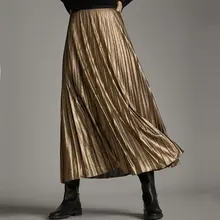 Новинка, модные женские весенне-осенние длинные плиссированные миди юбки цвета металлик и золота, Женские винтажные вечерние эластичные юбки с высокой талией