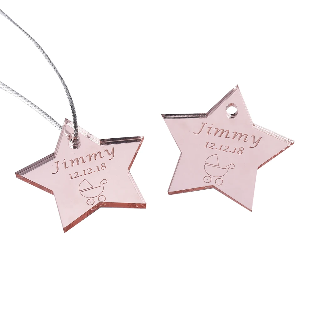 

20PCS Personalized Engraved Mirror Rose Gold Love Star Baby Shower Decor Gift Tags Baptism Tags Favors Wedding Name Tags 4CM