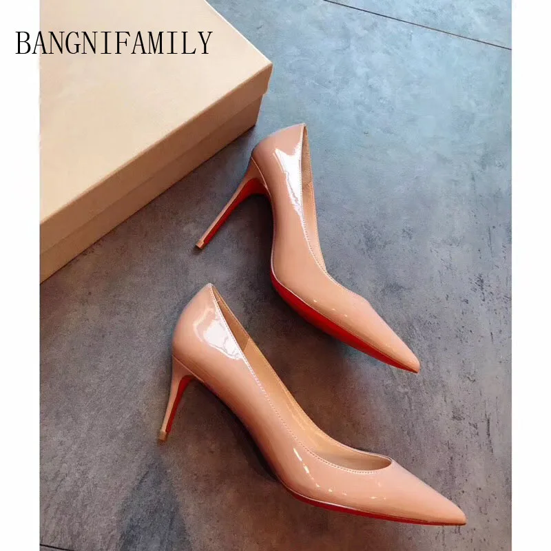beige 6.5cm heel Новинка года; Роскошные брендовые туфли высокого качества на высоком каблуке; женские кожаные туфли-лодочки; свадебные туфли; модная пикантная женская обувь; классические черные туфли - Цвет: beige 6.5cm heel