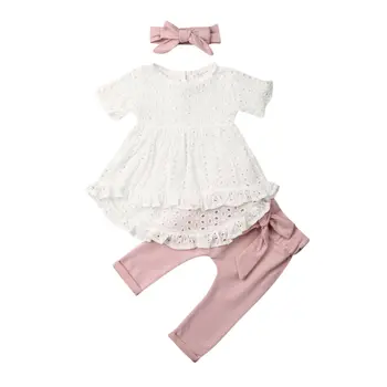 

Newborn Infant Baby Girl Sets Clothing For Hollowed-out irregular Tops T-shirt+Solid Bow Pants Headbands Outfits Clothes Set