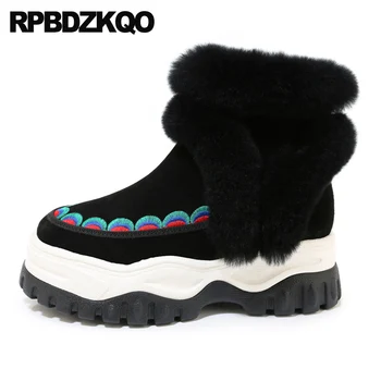 

warm booties flatform platform embroidered shoes brand high heel muffin black wedge embroidery women ankle boots 2019 round toe