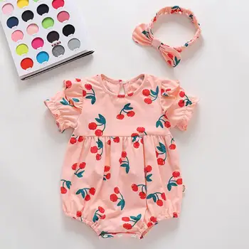 

Babies Cute Cherry Romper 2pcs Baby full moon Girls Clothes Romper+Headband 0-24M Infant Toddler Newborn Outfits Set Jumpsuit