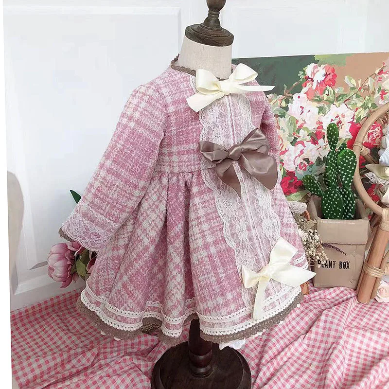 Клетчатое вязаное шерстяное платье для девочек с мелким ароматом Детские платья для девочек с длинными рукавами, винтажное кружевное розовое праздничное платье принцессы в стиле Лолиты