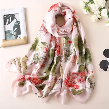

New Silk Scarf beautiful flower design summer style long shawls for seaside beach Women's scarves and stoles scarfs for hair