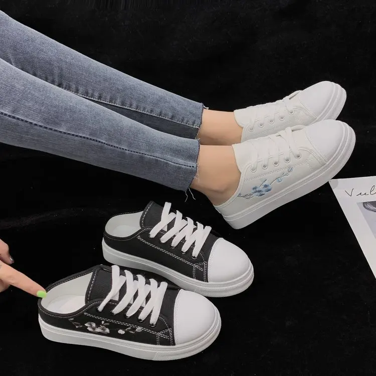

2019 Spring No Heel Canvas Shoes Women's Korean-style Versatile Casual Semi-Lazy Embroidered Slip-on Slipper Shoes Small