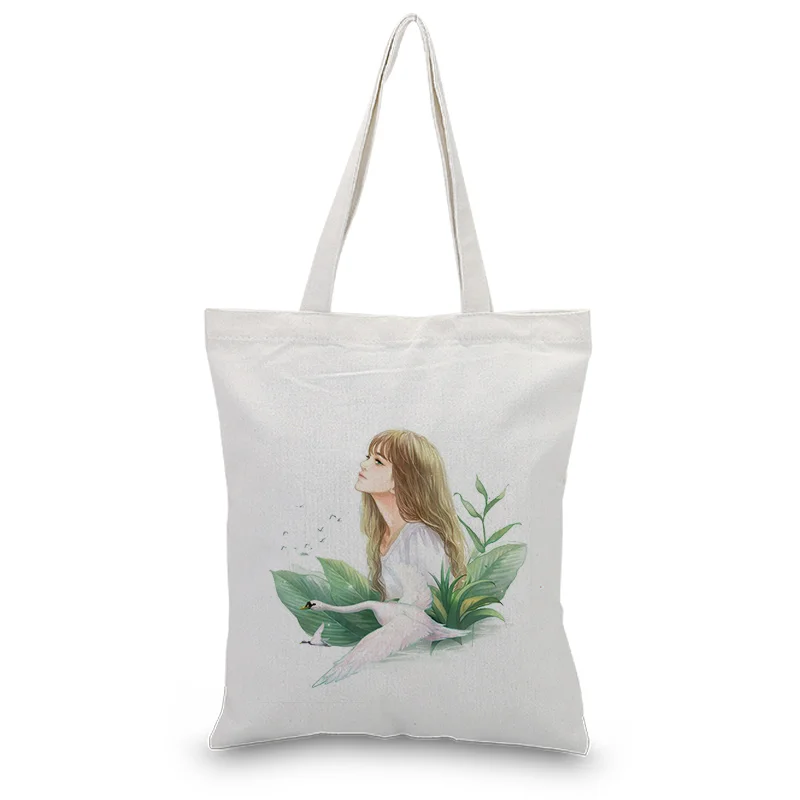 Girl Pattern Canvas Tote Bag Shopping Bag Handbag Daily Use Text DIY Custom Print Logo Eco Reusable Recycle