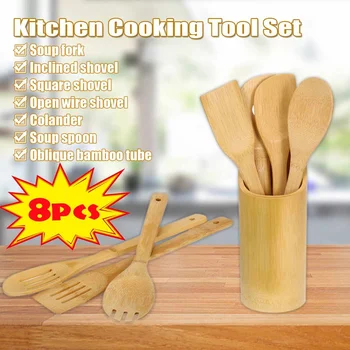 

8 Pieces Bamboo Spoon Spatula Kitchen Utensil Wooden Cooking ToolSpoon Spatula Mixing Mixing Set Cooking Utensils Set